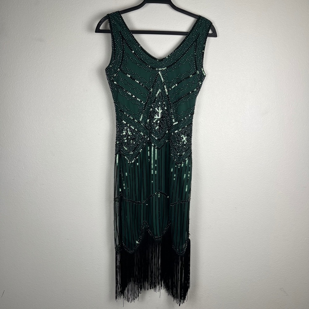 Green Sequin Beaded Flapper Dress XS 1920s Great Gatsby Fringe Costume Halloween - Picture 11 of 13